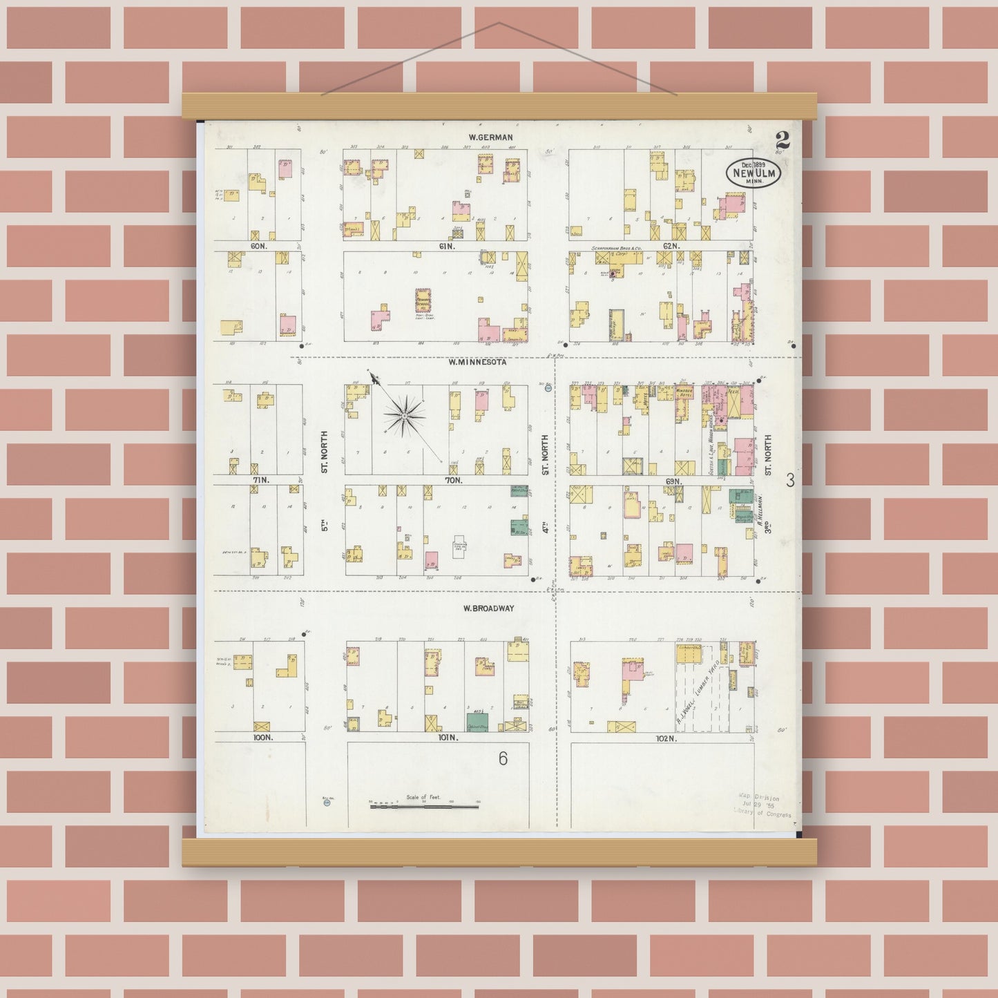 Old map wall art mockup — magnetic wood frame on brick wall — Sanborn Fire Insurance Map from New Ulm, Brown County, Minnesota (1899), Sheet #0002