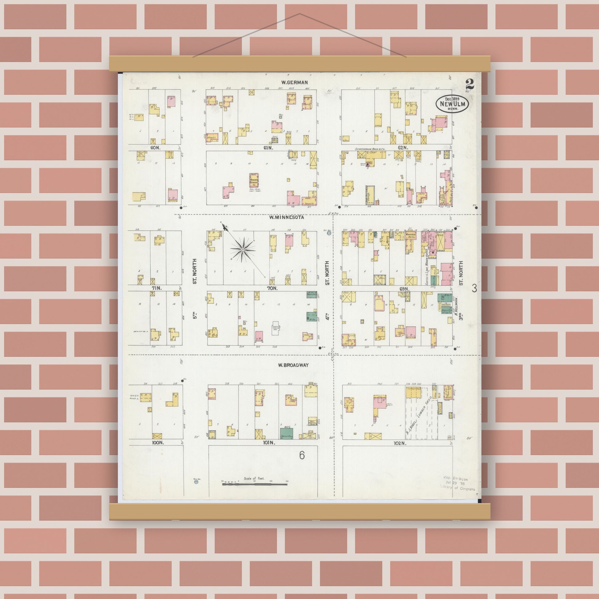 Old map wall art mockup — magnetic wood frame on brick wall — Sanborn Fire Insurance Map from New Ulm, Brown County, Minnesota (1899), Sheet #0002