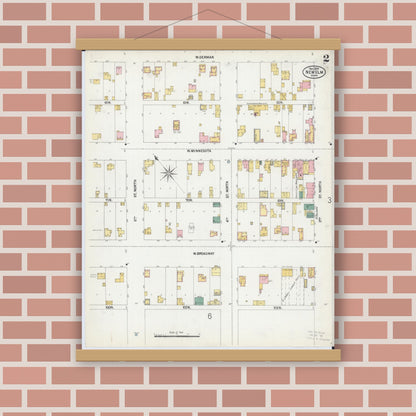 Old map wall art mockup — magnetic wood frame on brick wall — Sanborn Fire Insurance Map from New Ulm, Brown County, Minnesota (1899), Sheet #0002
