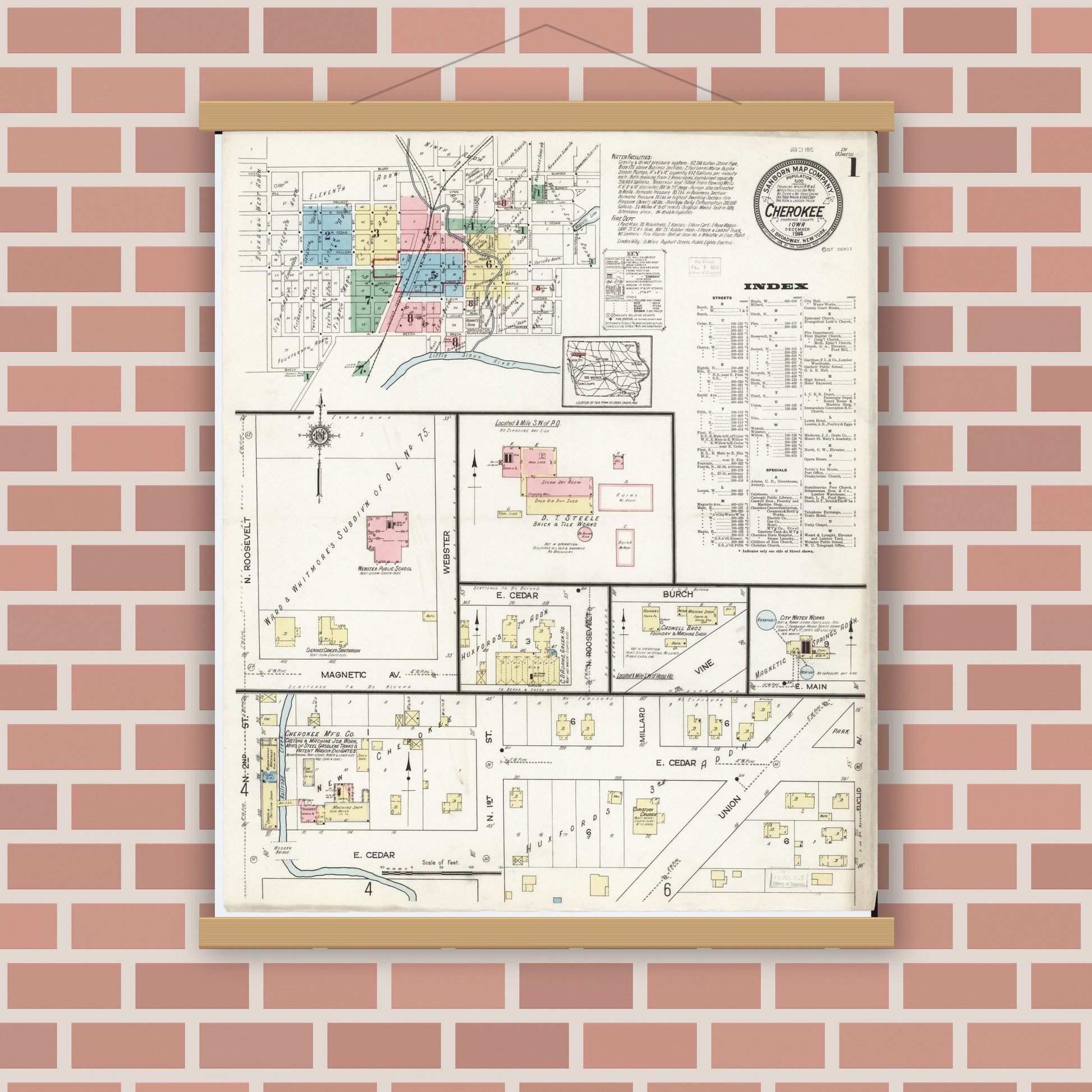 Old map wall art mockup — magnetic wood frame on brick wall — Sanborn Fire Insurance Map from Cherokee, Cherokee County, Iowa (1914) â€” Complete Set