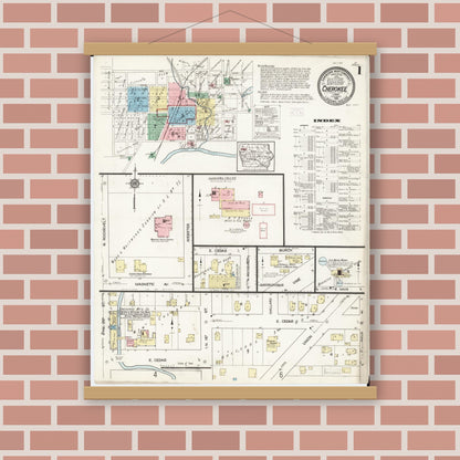 Old map wall art mockup — magnetic wood frame on brick wall — Sanborn Fire Insurance Map from Cherokee, Cherokee County, Iowa (1914) â€” Complete Set