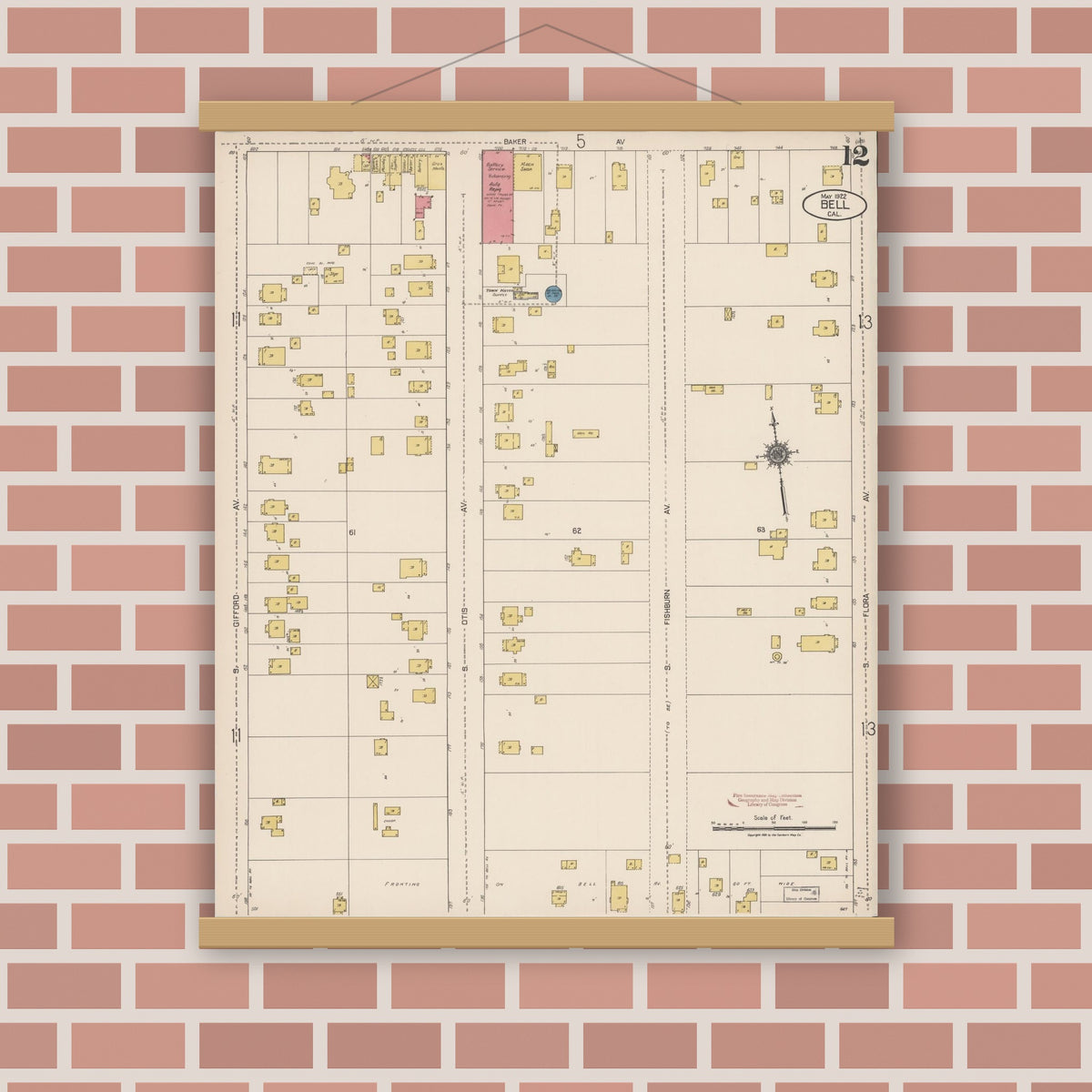 Old map wall art mockup — magnetic wood frame on brick wall — Sanborn Fire Insurance Map from Bell, Los Angeles County, California (1922), Sheet #0012