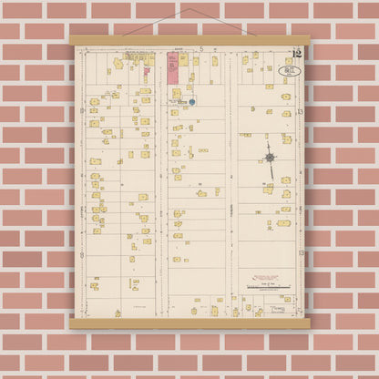 Old map wall art mockup — magnetic wood frame on brick wall — Sanborn Fire Insurance Map from Bell, Los Angeles County, California (1922), Sheet #0012