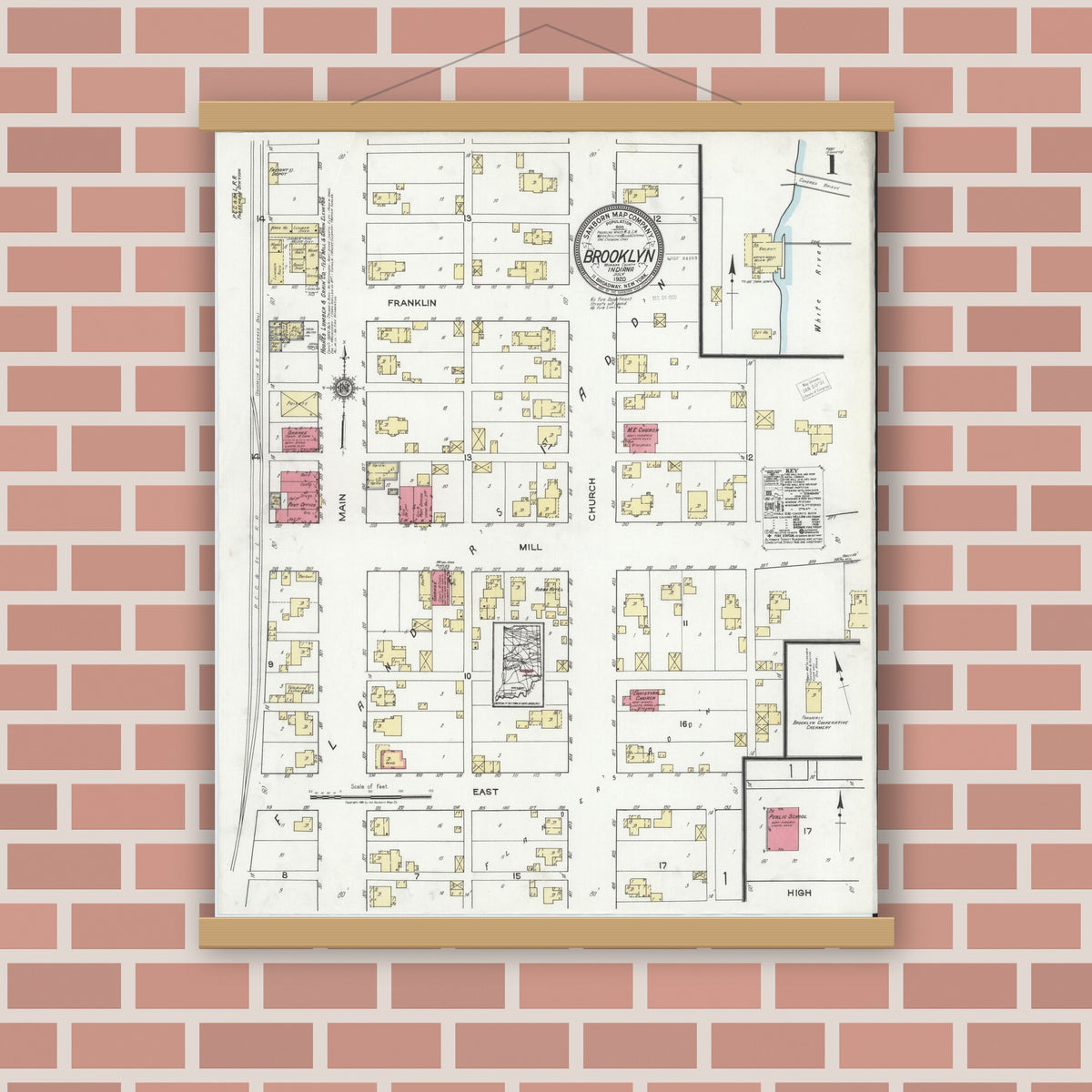 Old map wall art mockup — magnetic wood frame on brick wall — Sanborn Fire Insurance Map from Brooklyn, Morgan County, Indiana (1920) - Complete Map Set