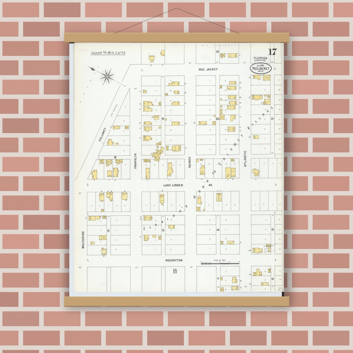 Old map wall art mockup — magnetic wood frame on brick wall — Sanborn Fire Insurance Map from Red Jacket, Houghton County, Michigan (1900), Sheet #0017