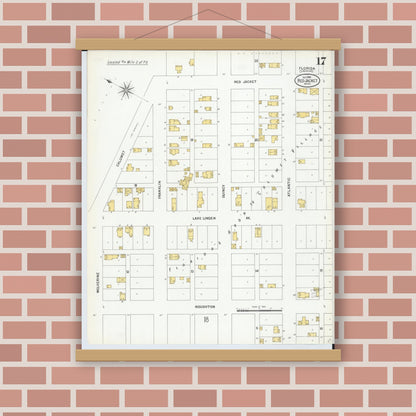 Old map wall art mockup — magnetic wood frame on brick wall — Sanborn Fire Insurance Map from Red Jacket, Houghton County, Michigan (1900), Sheet #0017