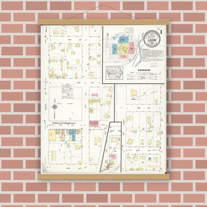 Old map wall art mockup — magnetic wood frame on brick wall — Sanborn Fire Insurance Map from Logan, Harrison County, Iowa (1913) â€” Complete Set