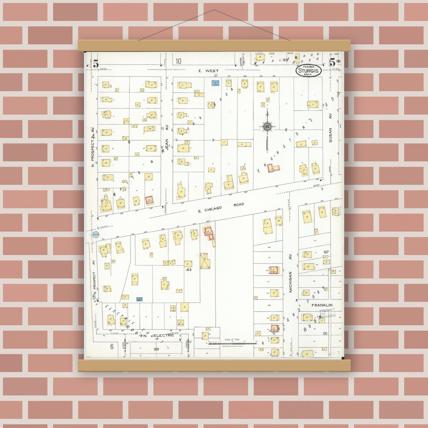 Old map wall art mockup — magnetic wood frame on brick wall — Sanborn Fire Insurance Map from Sturgis, Saint Joseph County, Michigan (1923), Sheet #0005