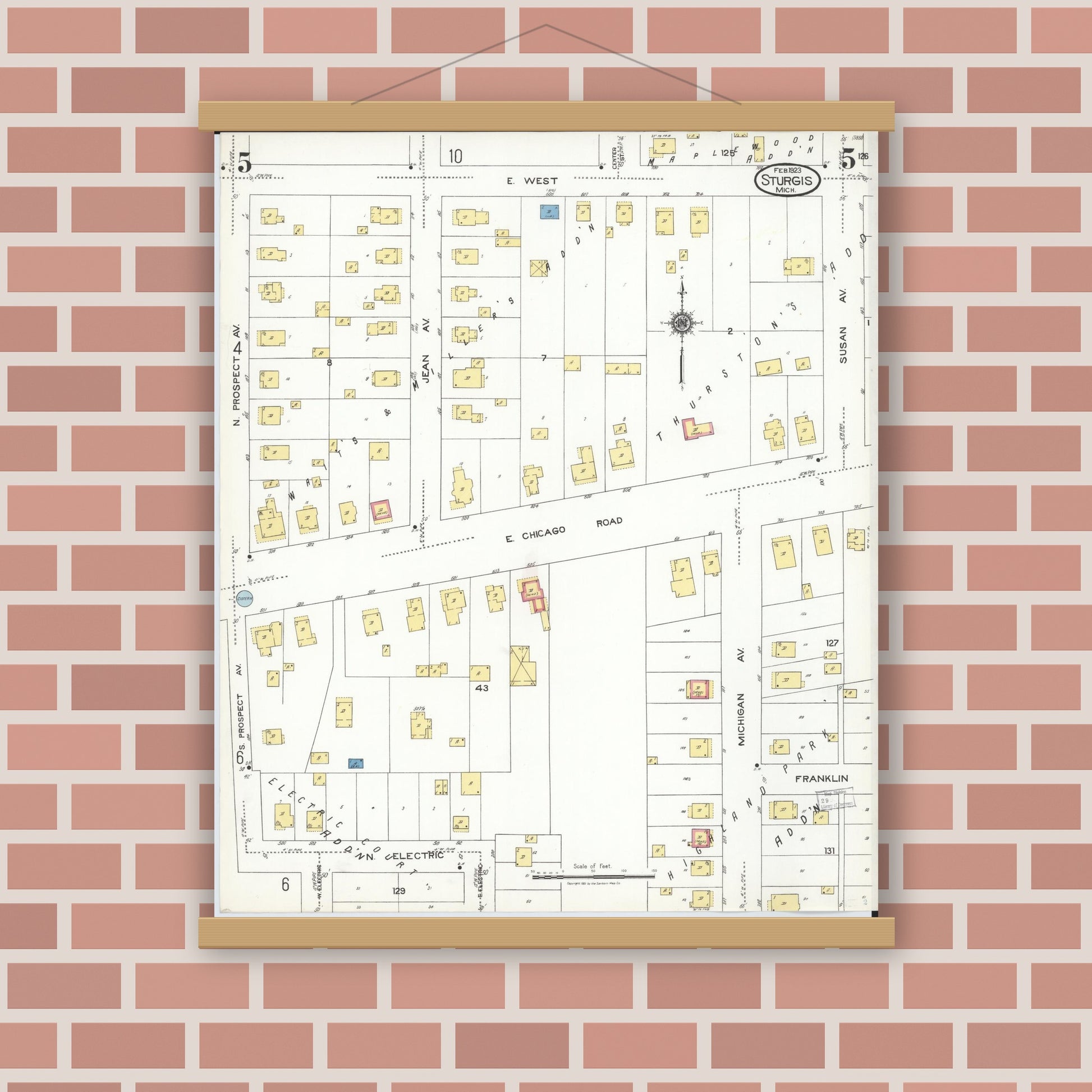 Old map wall art mockup — magnetic wood frame on brick wall — Sanborn Fire Insurance Map from Sturgis, Saint Joseph County, Michigan (1923), Sheet #0005