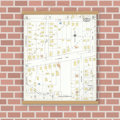Old map wall art mockup — magnetic wood frame on brick wall — Sanborn Fire Insurance Map from Sturgis, Saint Joseph County, Michigan (1923), Sheet #0005