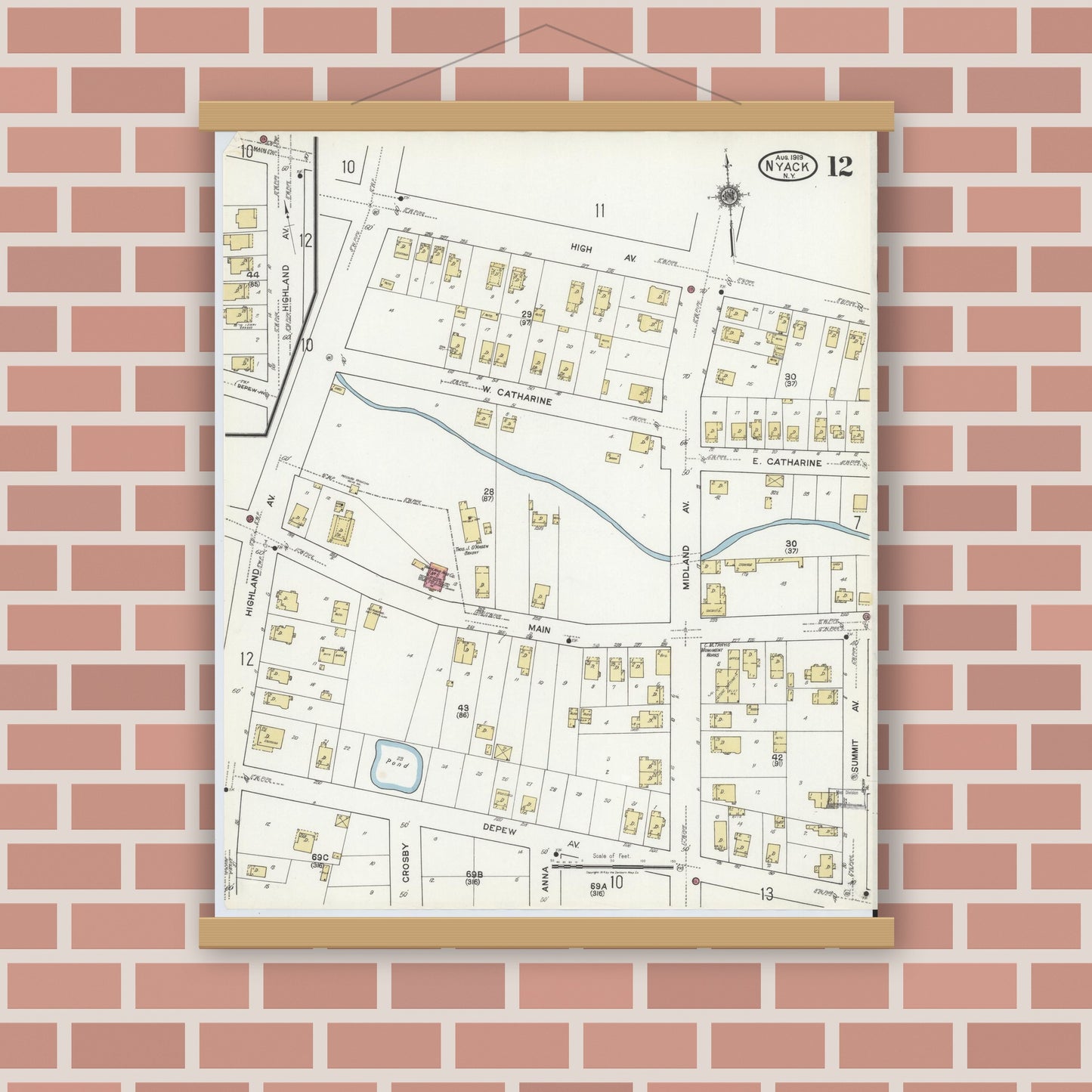 Old map wall art mockup — magnetic wood frame on brick wall — Sanborn Fire Insurance Map from Nyack, Rockland County, New York. (1919), Sheet #0012