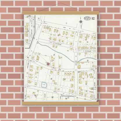 Old map wall art mockup — magnetic wood frame on brick wall — Sanborn Fire Insurance Map from Nyack, Rockland County, New York. (1919), Sheet #0012