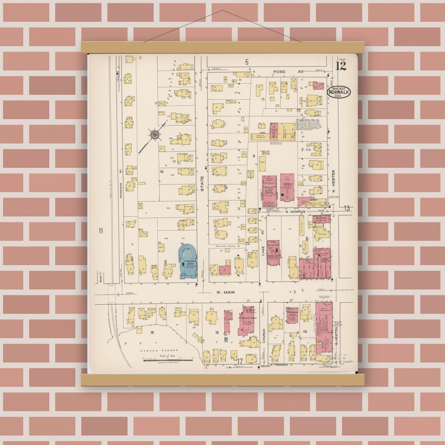 Old map wall art mockup — magnetic wood frame on brick wall — Sanborn Fire Insurance Map from Norwalk, Huron County, Ohio (1922), Sheet #0012