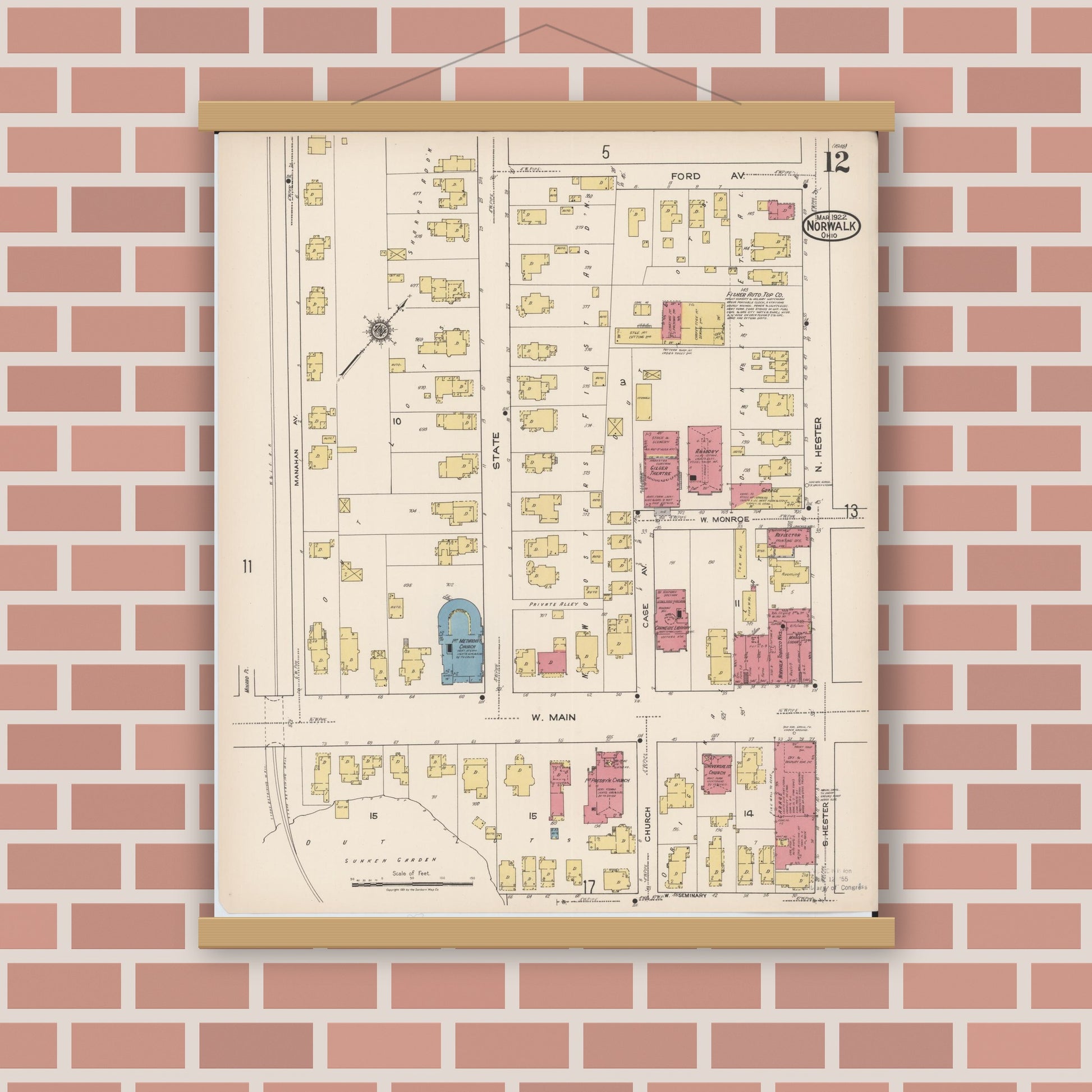 Old map wall art mockup — magnetic wood frame on brick wall — Sanborn Fire Insurance Map from Norwalk, Huron County, Ohio (1922), Sheet #0012