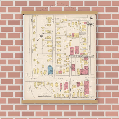 Old map wall art mockup — magnetic wood frame on brick wall — Sanborn Fire Insurance Map from Norwalk, Huron County, Ohio (1922), Sheet #0012