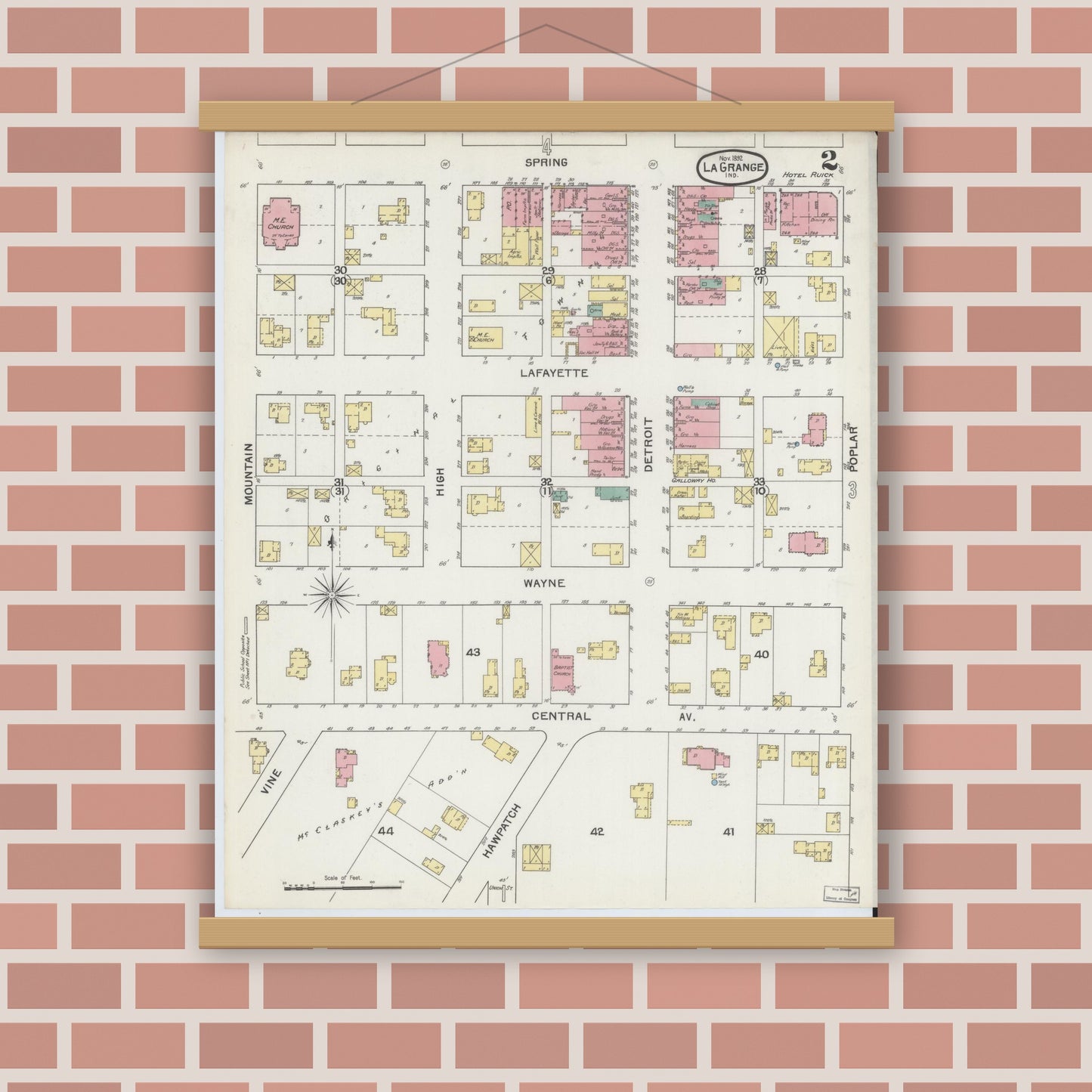 Old map wall art mockup — magnetic wood frame on brick wall — Sanborn Fire Insurance Map from Lagrange, LaGrange County, Indiana (1892), Sheet #0002
