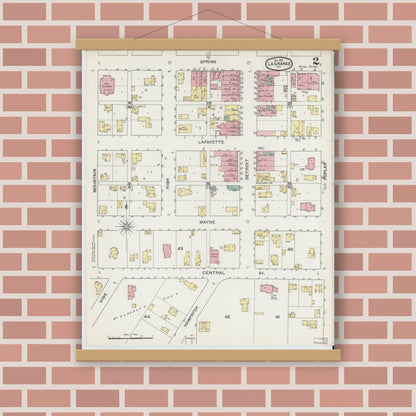 Old map wall art mockup — magnetic wood frame on brick wall — Sanborn Fire Insurance Map from Lagrange, LaGrange County, Indiana (1892), Sheet #0002