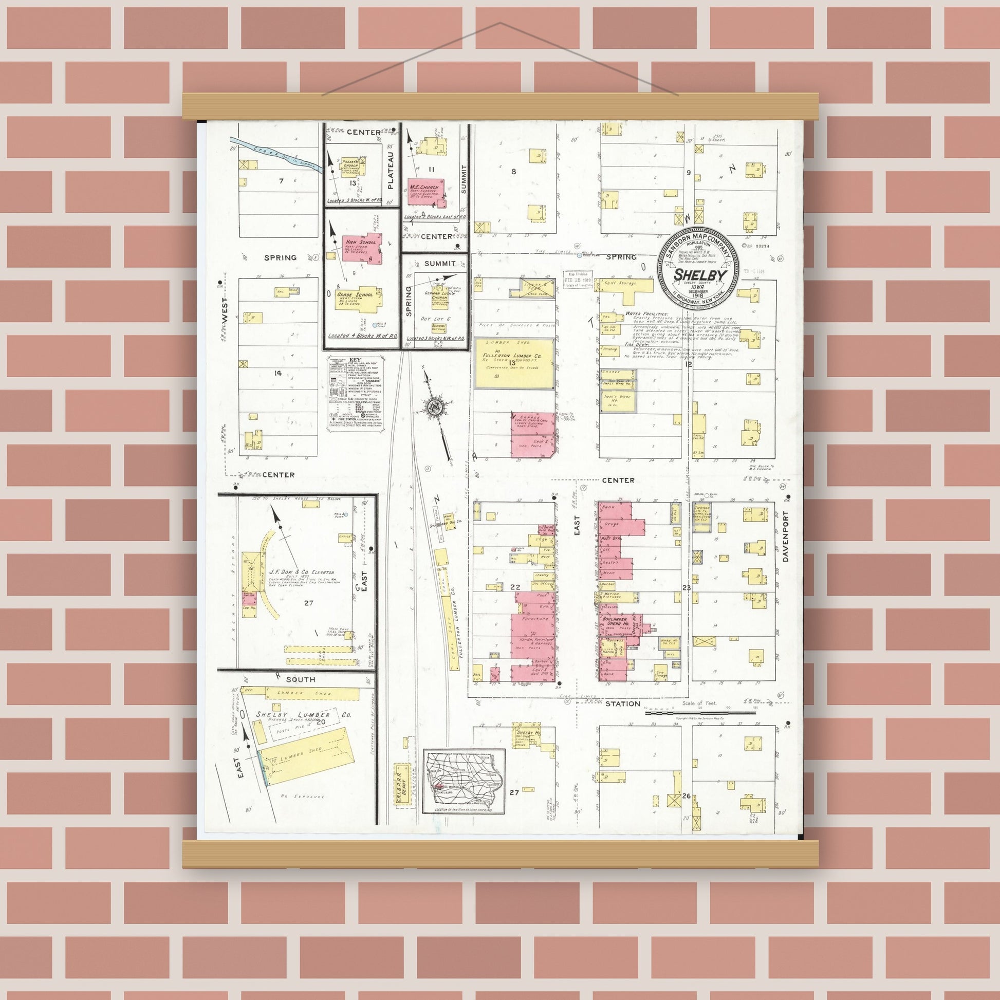 Old map wall art mockup — magnetic wood frame on brick wall — Sanborn Fire Insurance Map from Shelby, Shelby County, Iowa (1918), Sheet #0001