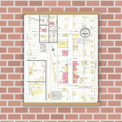 Old map wall art mockup — magnetic wood frame on brick wall — Sanborn Fire Insurance Map from Shelby, Shelby County, Iowa (1918), Sheet #0001