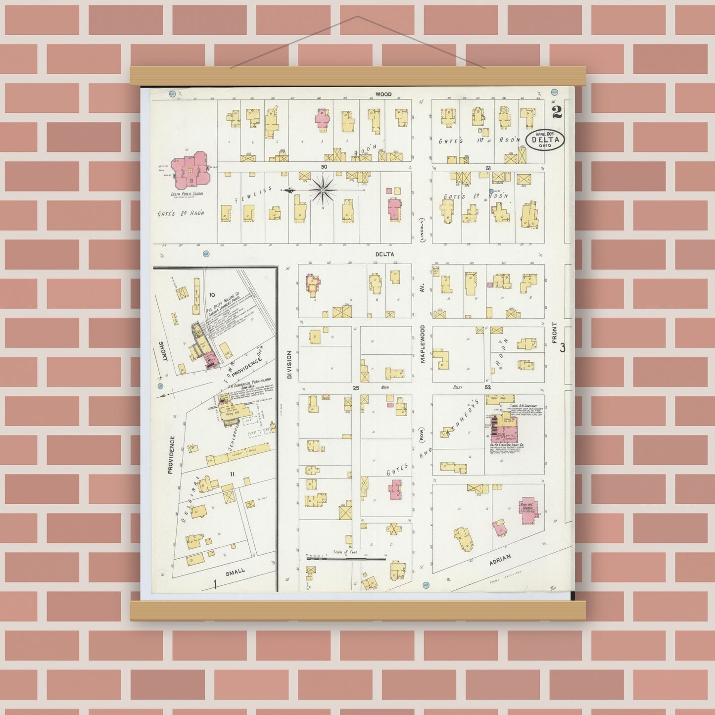 Old map wall art mockup — magnetic wood frame on brick wall — Sanborn Fire Insurance Map from Delta, Fulton County, Ohio (1905), Sheet #0002