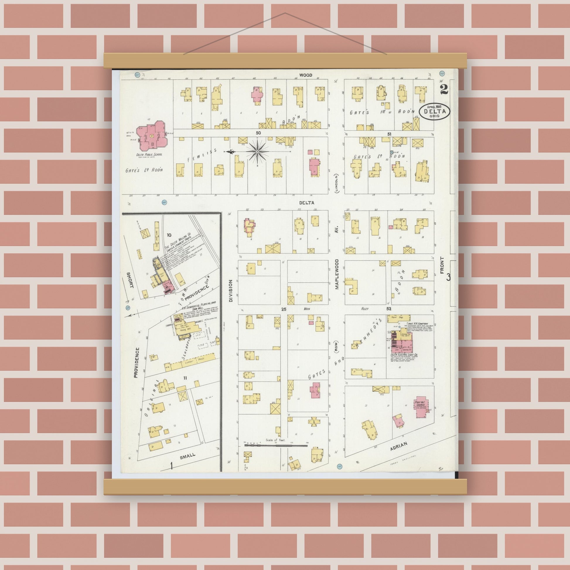 Old map wall art mockup — magnetic wood frame on brick wall — Sanborn Fire Insurance Map from Delta, Fulton County, Ohio (1905), Sheet #0002