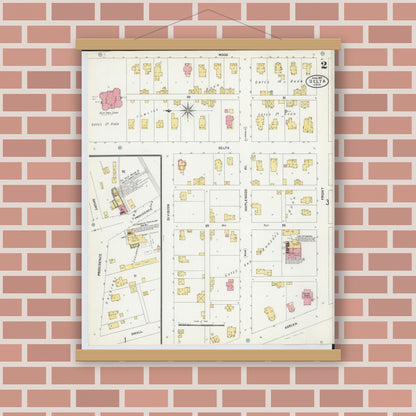 Old map wall art mockup — magnetic wood frame on brick wall — Sanborn Fire Insurance Map from Delta, Fulton County, Ohio (1905), Sheet #0002