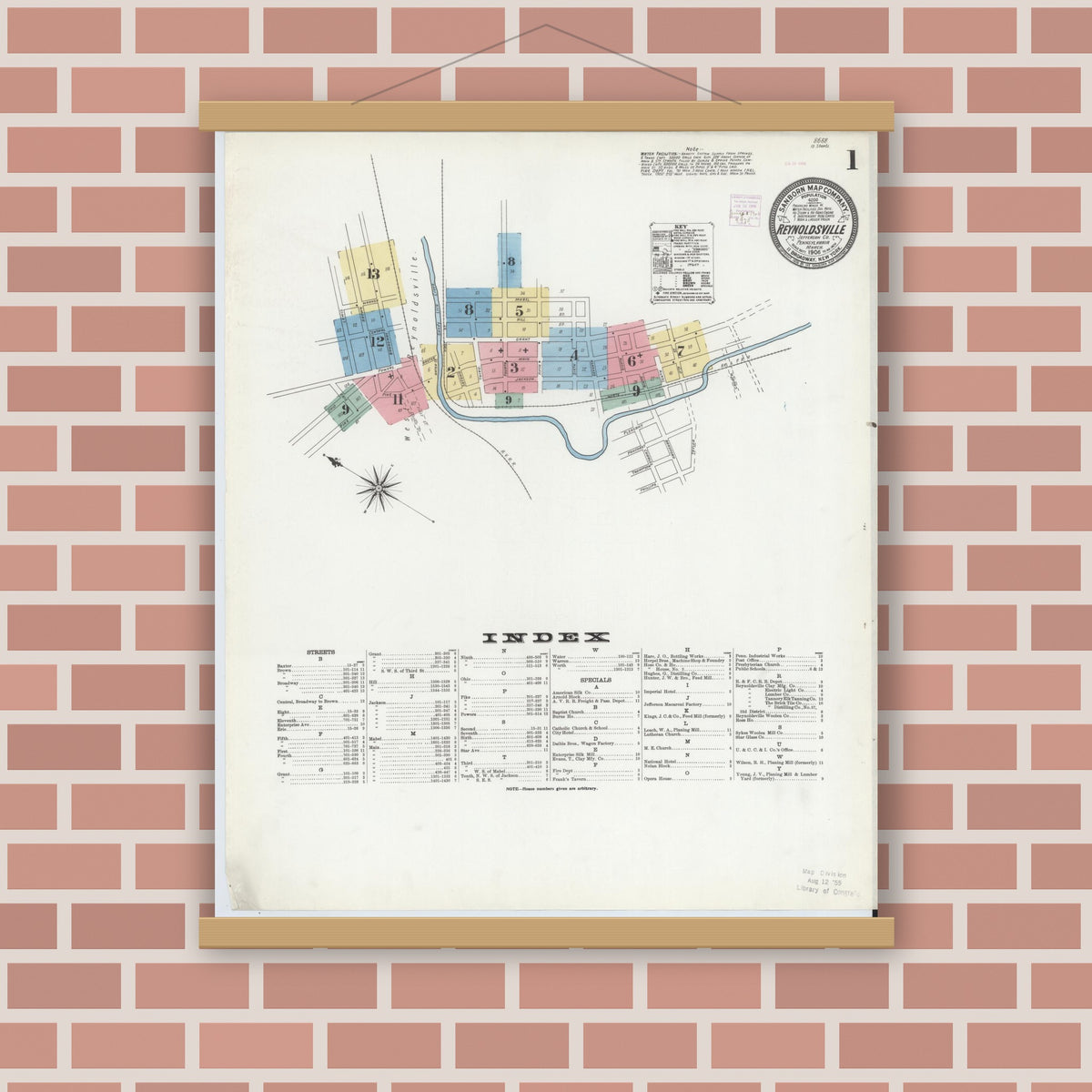 Old map wall art mockup — magnetic wood frame on brick wall — Sanborn Fire Insurance Map from Reynoldsville, Jefferson County, Pennsylvania (1906) - Complete Map Set