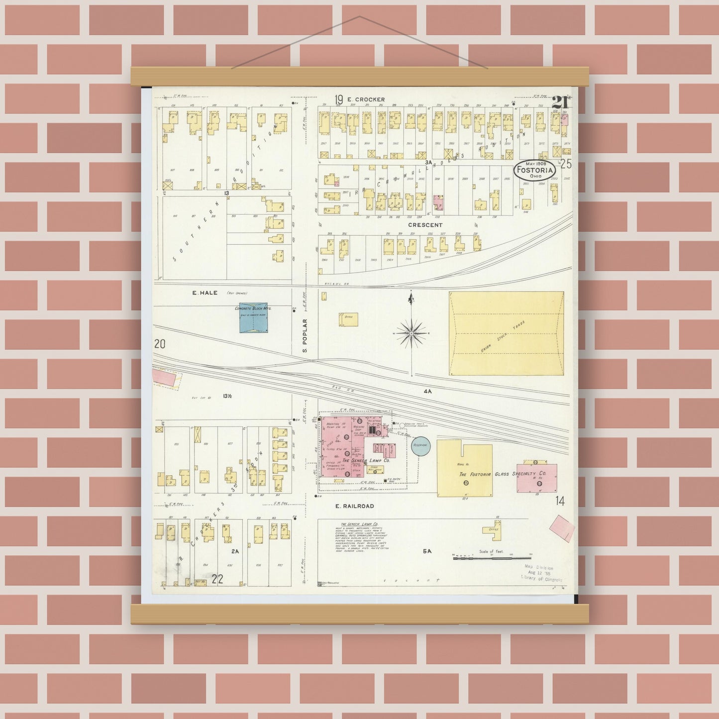 Old map wall art mockup — magnetic wood frame on brick wall — Sanborn Fire Insurance Map from Fostoria, Seneca, Hancock, And Wood Counties, Ohio (1908), Sheet #0021