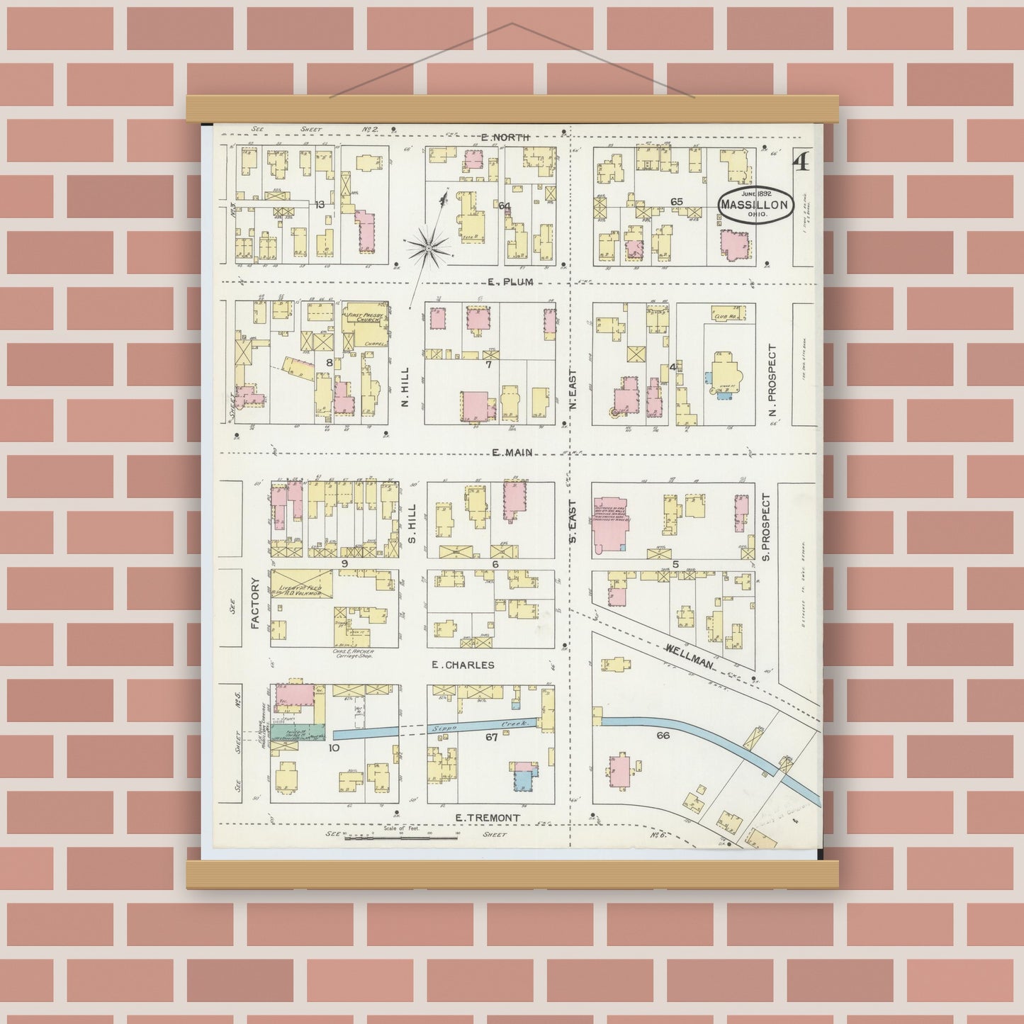 Old map wall art mockup — magnetic wood frame on brick wall — Sanborn Fire Insurance Map from Massillon, Stark County, Ohio (1892), Sheet #0004