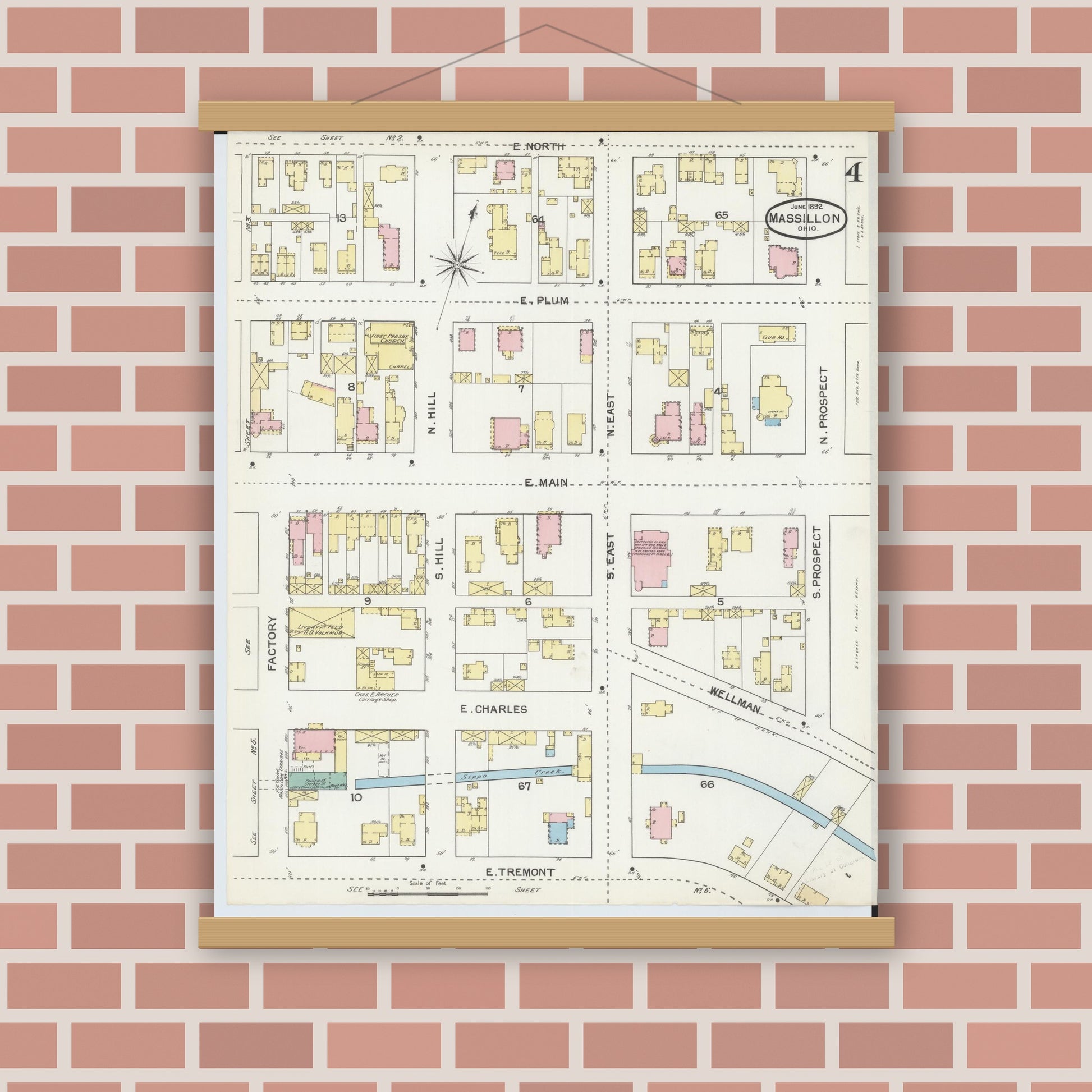 Old map wall art mockup — magnetic wood frame on brick wall — Sanborn Fire Insurance Map from Massillon, Stark County, Ohio (1892), Sheet #0004