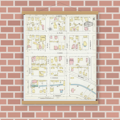 Old map wall art mockup — magnetic wood frame on brick wall — Sanborn Fire Insurance Map from Massillon, Stark County, Ohio (1892), Sheet #0004