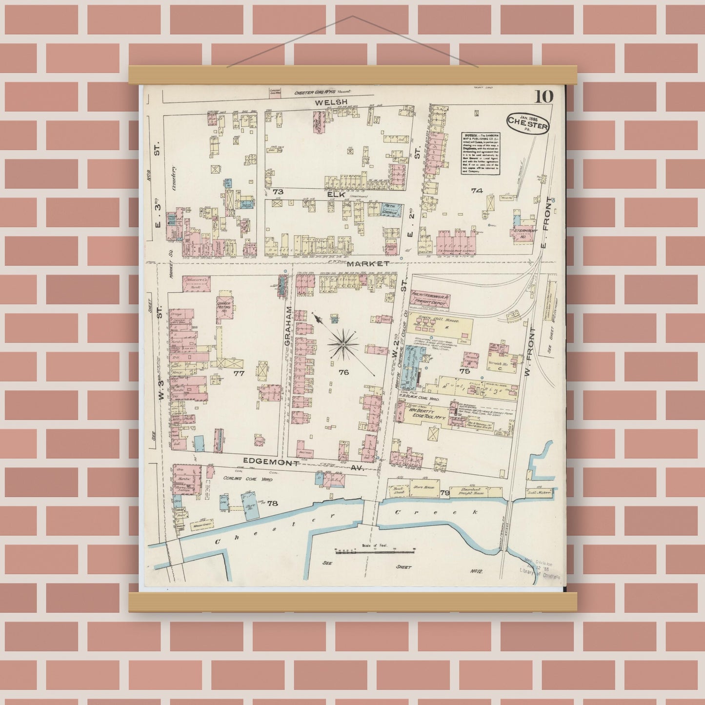 Old map wall art mockup — magnetic wood frame on brick wall — Sanborn Fire Insurance Map from Chester, Delaware County, Pennsylvania (1885), Sheet #0010