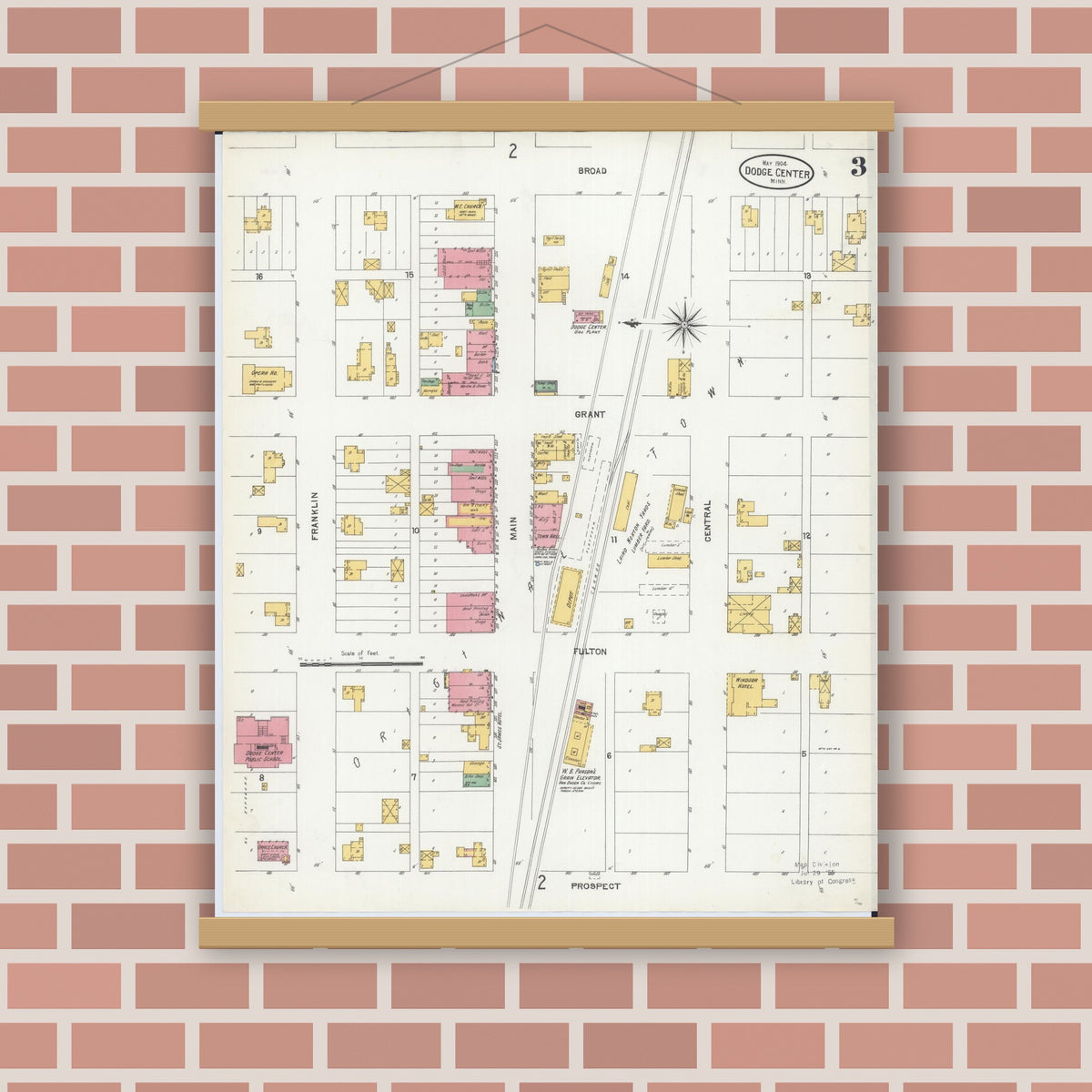 Old map wall art mockup — magnetic wood frame on brick wall — Sanborn Fire Insurance Map from Dodge Center, Dodge County, Minnesota (1904), Sheet #0003