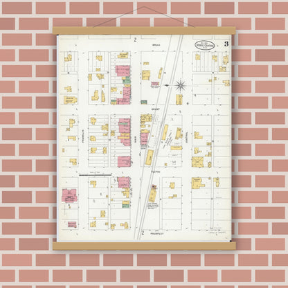 Old map wall art mockup — magnetic wood frame on brick wall — Sanborn Fire Insurance Map from Dodge Center, Dodge County, Minnesota (1904), Sheet #0003