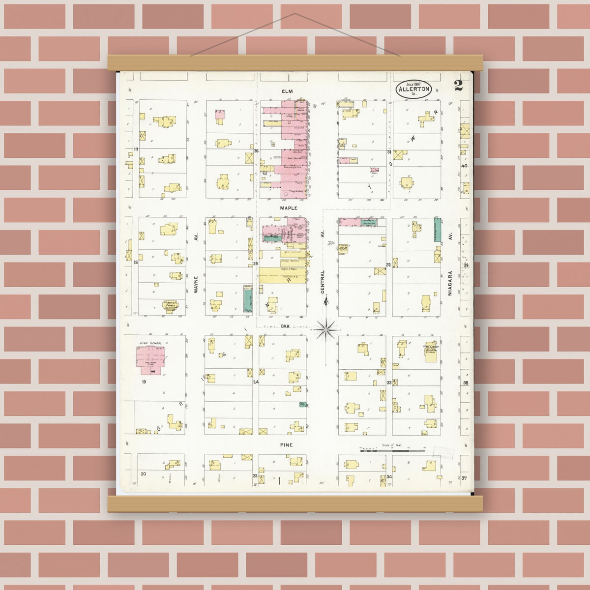 Old map wall art mockup — magnetic wood frame on brick wall — Sanborn Fire Insurance Map from Allerton, Wayne County, Iowa (1907), Sheet #0002