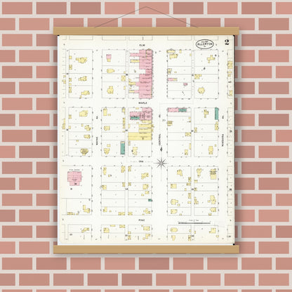 Old map wall art mockup — magnetic wood frame on brick wall — Sanborn Fire Insurance Map from Allerton, Wayne County, Iowa (1907), Sheet #0002
