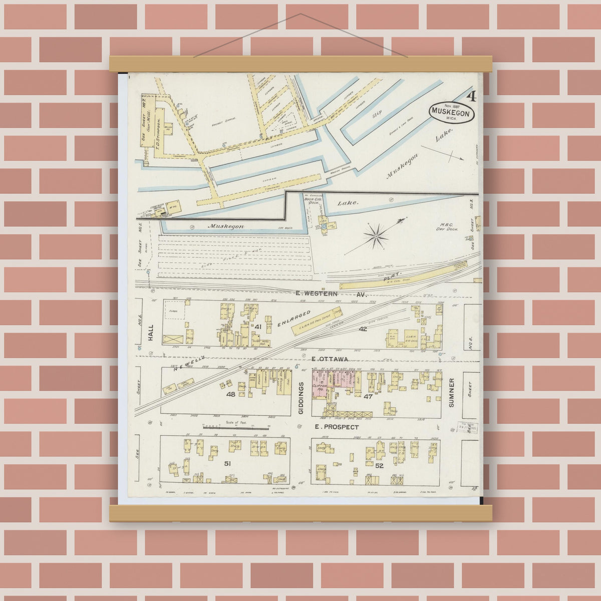 Old map wall art mockup — magnetic wood frame on brick wall — Sanborn Fire Insurance Map from Muskegon, Muskegon County, Michigan (1887), Sheet #0004