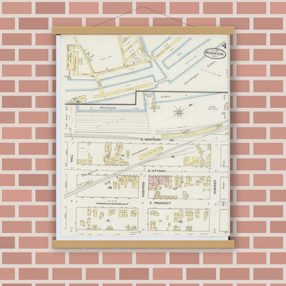Old map wall art mockup — magnetic wood frame on brick wall — Sanborn Fire Insurance Map from Muskegon, Muskegon County, Michigan (1887), Sheet #0004
