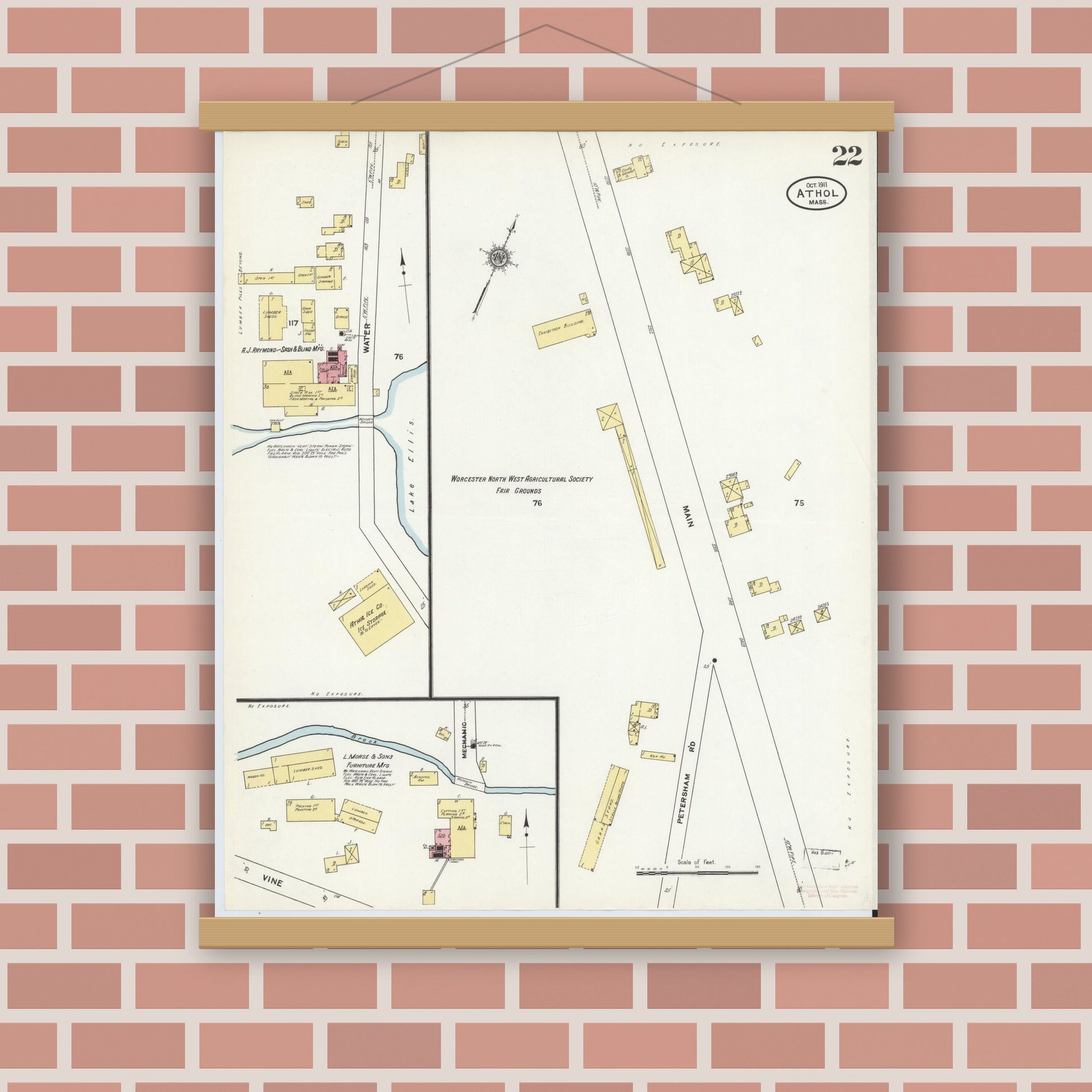 Old map wall art mockup — magnetic wood frame on brick wall — Sanborn Fire Insurance Map from Athol, Worcester County, Massachusetts (1911), Sheet #0022