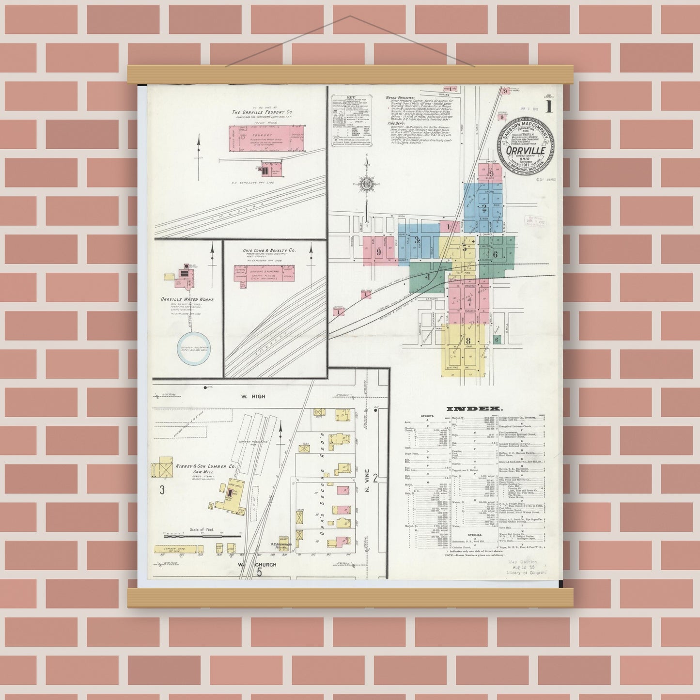 Old map wall art mockup — magnetic wood frame on brick wall — Sanborn Fire Insurance Map from Orrville, Wayne County, Ohio (1911), Sheet #0001