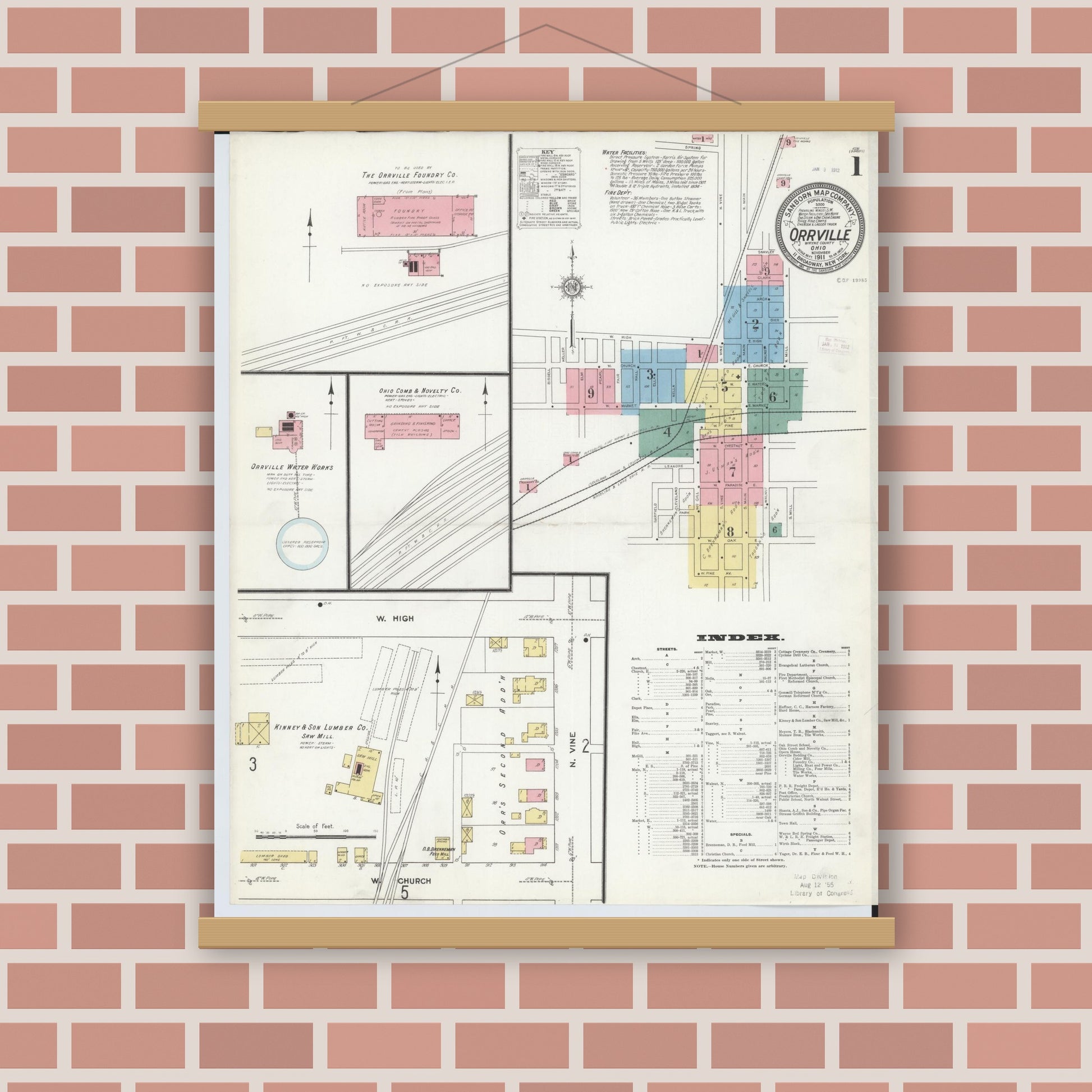 Old map wall art mockup — magnetic wood frame on brick wall — Sanborn Fire Insurance Map from Orrville, Wayne County, Ohio (1911), Sheet #0001