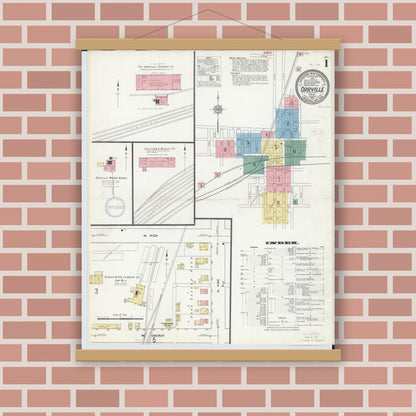 Old map wall art mockup — magnetic wood frame on brick wall — Sanborn Fire Insurance Map from Orrville, Wayne County, Ohio (1911), Sheet #0001