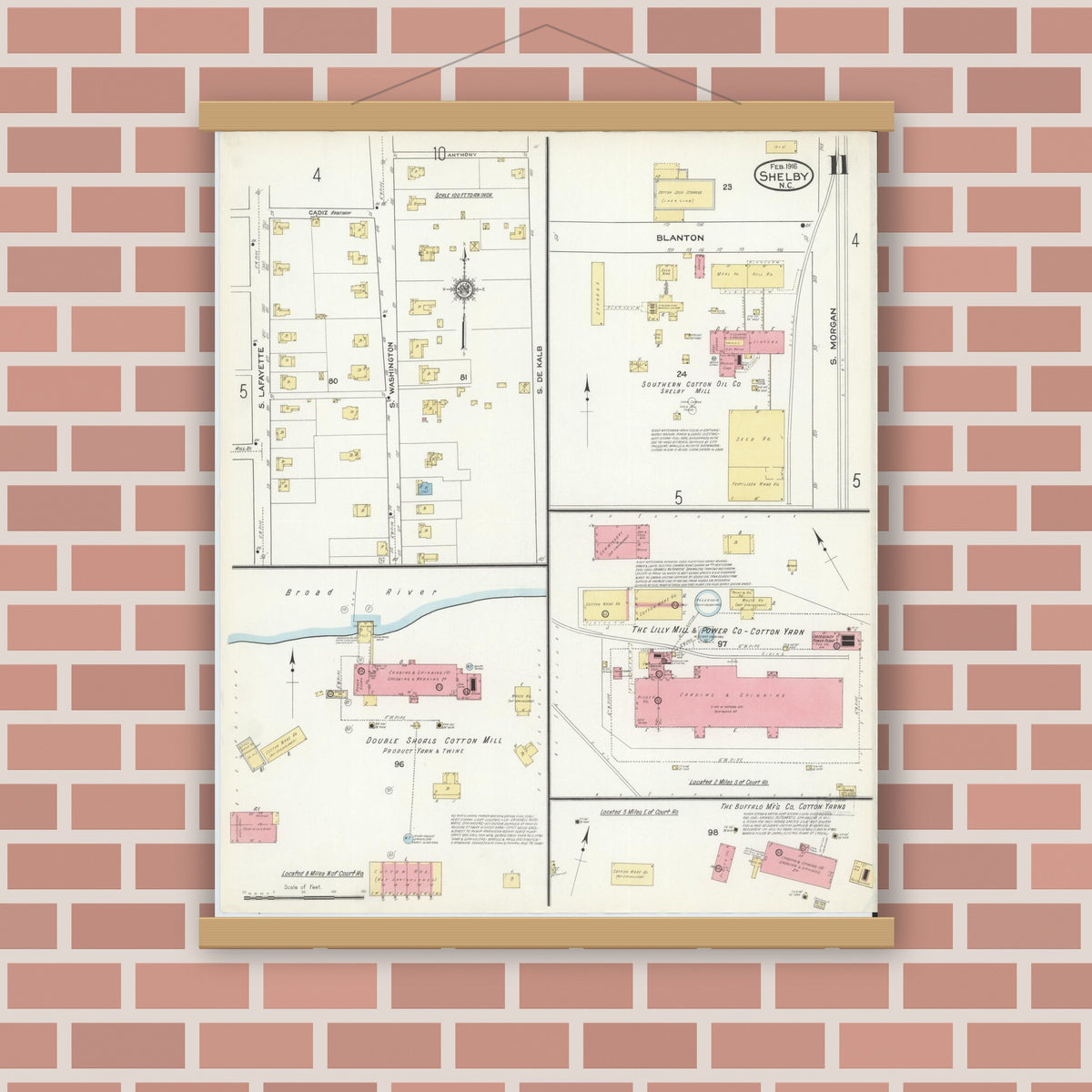 Old map wall art mockup — magnetic wood frame on brick wall — Sanborn Fire Insurance Map from Shelby, Cleveland County, North Carolina (1916), Sheet #0011