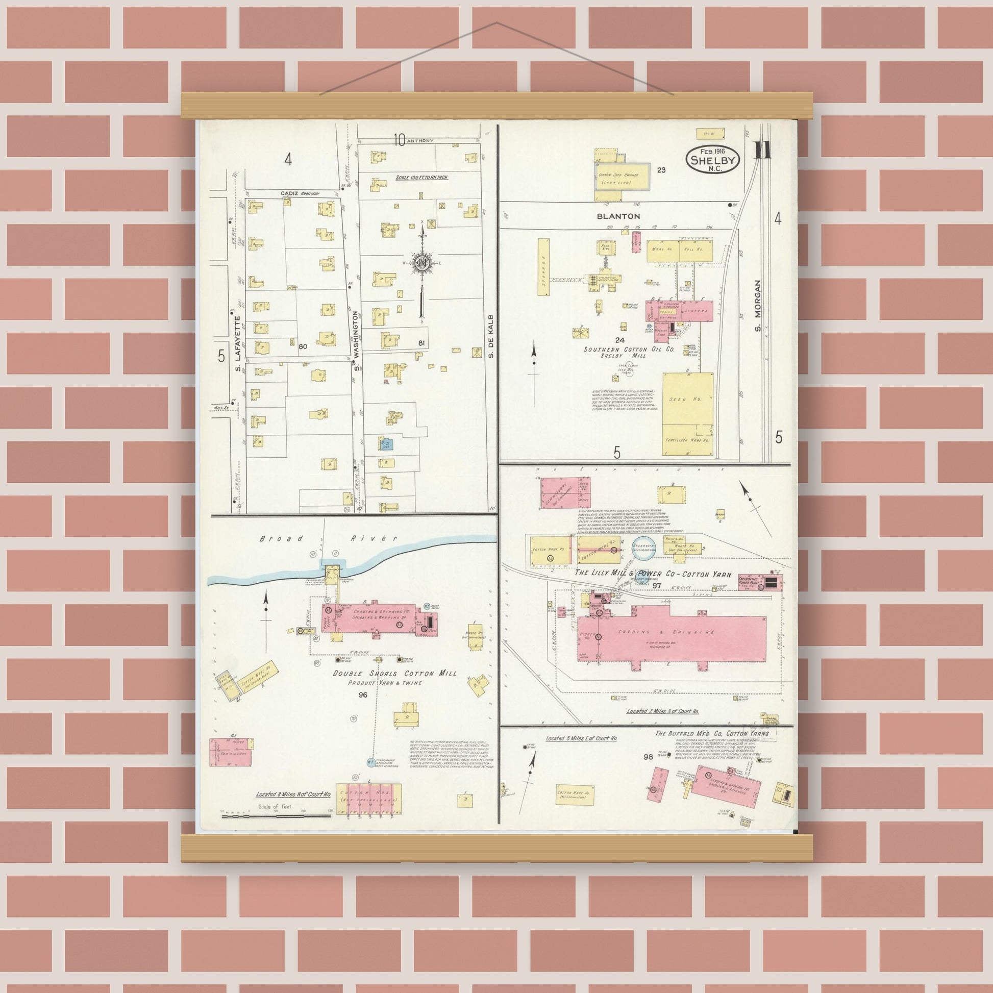 Old map wall art mockup — magnetic wood frame on brick wall — Sanborn Fire Insurance Map from Shelby, Cleveland County, North Carolina (1916), Sheet #0011
