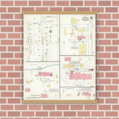 Old map wall art mockup — magnetic wood frame on brick wall — Sanborn Fire Insurance Map from Shelby, Cleveland County, North Carolina (1916), Sheet #0011