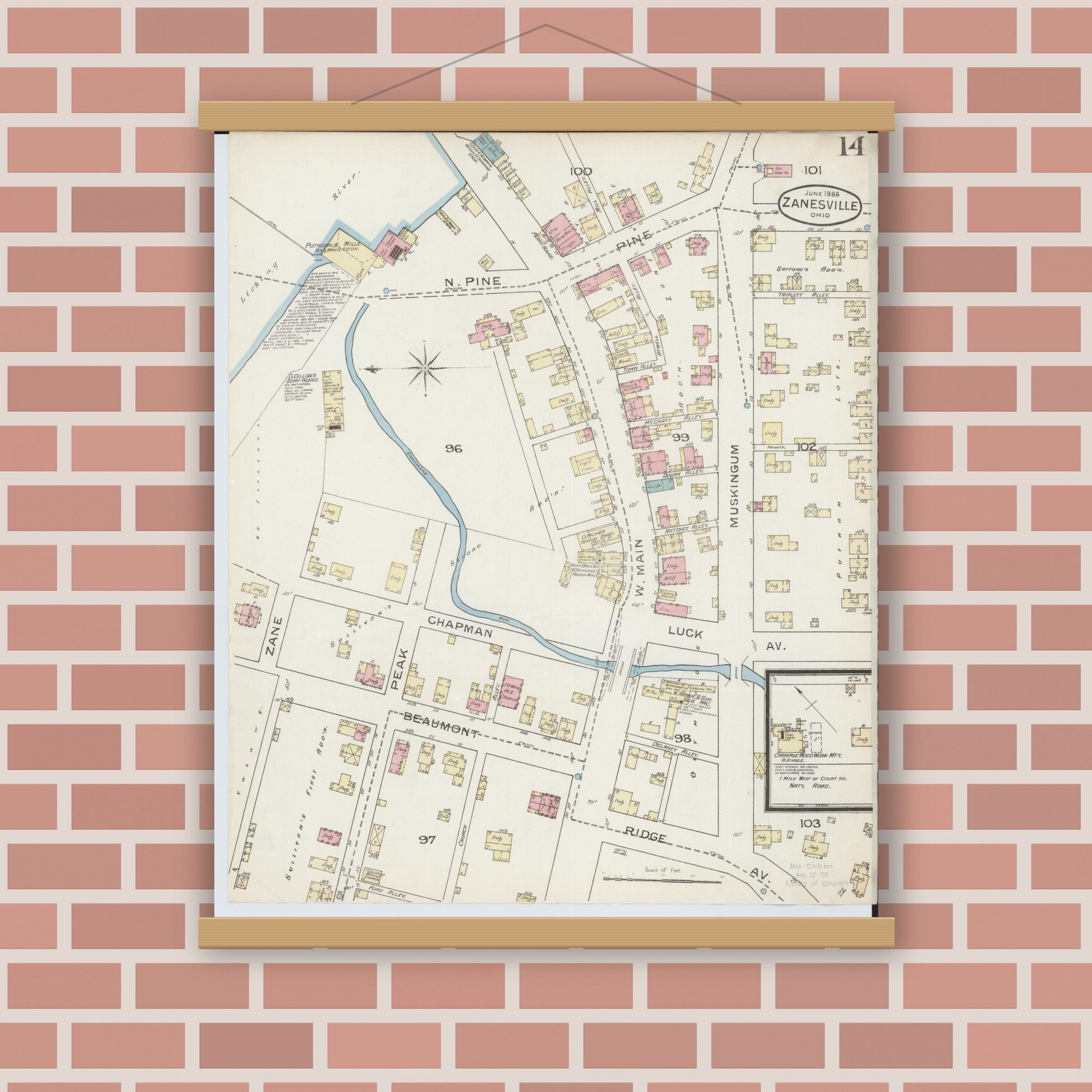 Old map wall art mockup — magnetic wood frame on brick wall — Sanborn Fire Insurance Map from Zanesville, Muskingum County, Ohio (1886), Sheet #0014