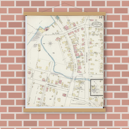 Old map wall art mockup — magnetic wood frame on brick wall — Sanborn Fire Insurance Map from Zanesville, Muskingum County, Ohio (1886), Sheet #0014