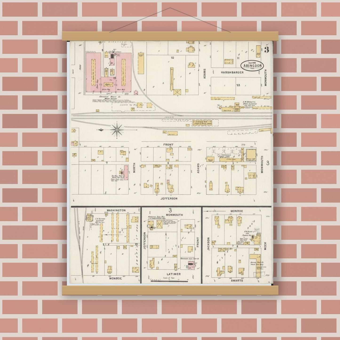 Old map wall art mockup — magnetic wood frame on brick wall — Sanborn Fire Insurance Map from Abingdon, Knox County, Illinois (1898), Sheet #0003