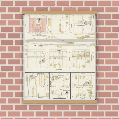 Old map wall art mockup — magnetic wood frame on brick wall — Sanborn Fire Insurance Map from Abingdon, Knox County, Illinois (1898), Sheet #0003