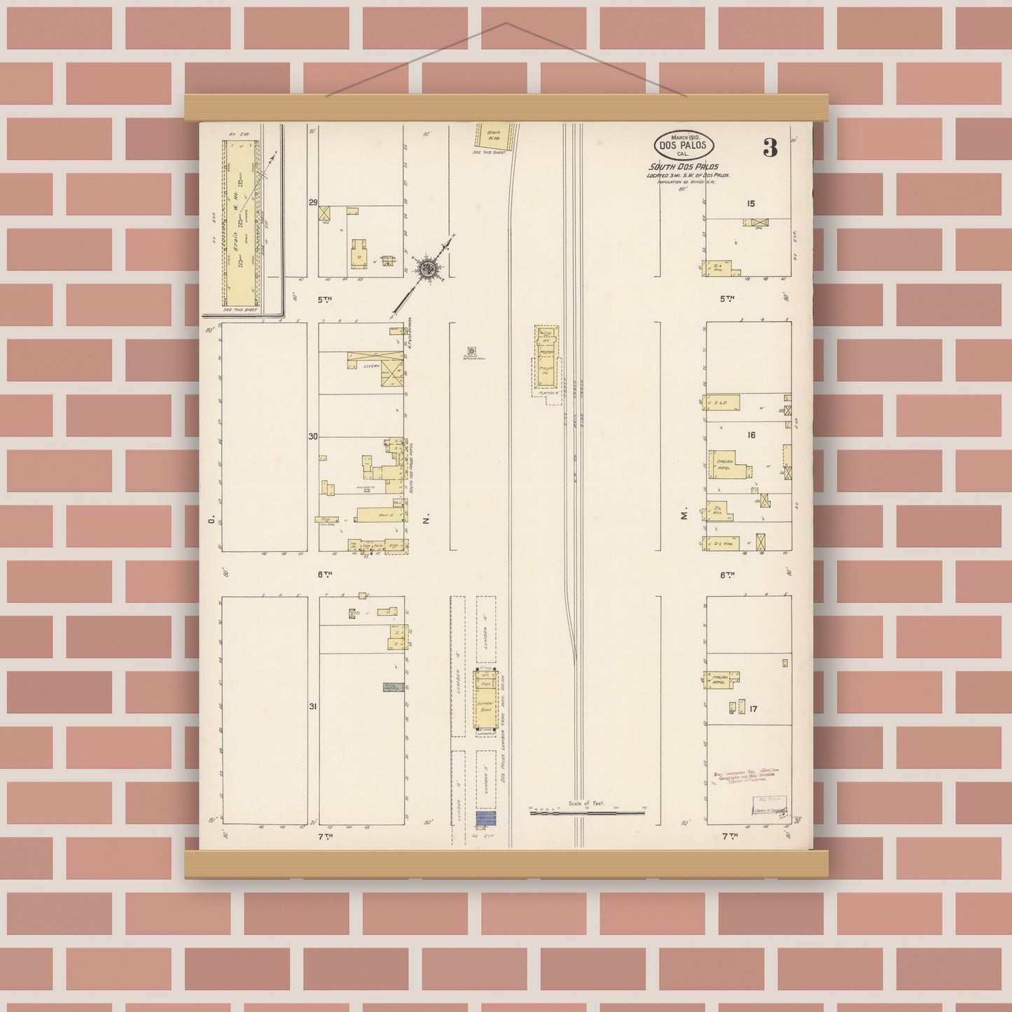 Old map wall art mockup — magnetic wood frame on brick wall — Sanborn Fire Insurance Map from Dos Palos, Merced County, California (1910), Sheet #0003